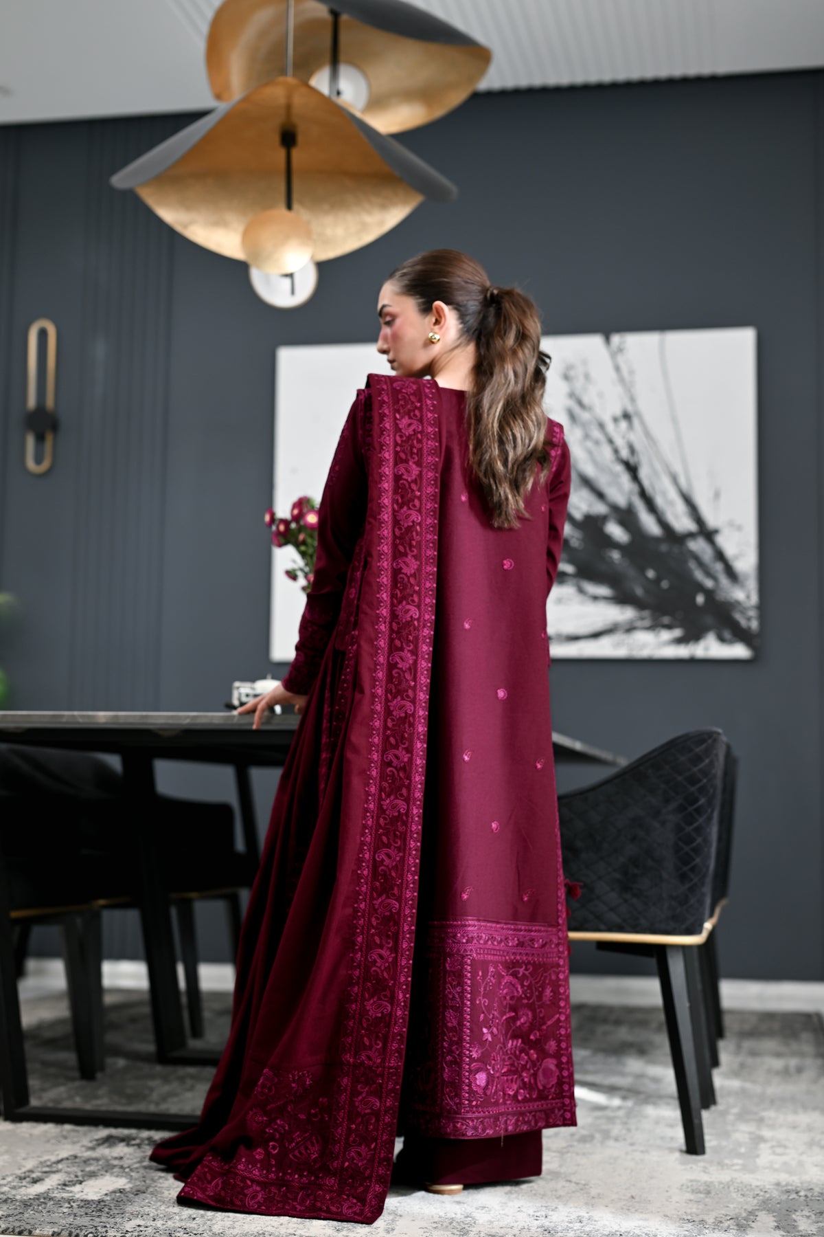 CELIA - BURGUNDY LUXURY EMBROIDERED KARANDI 3PCS SET (NEL-26637)