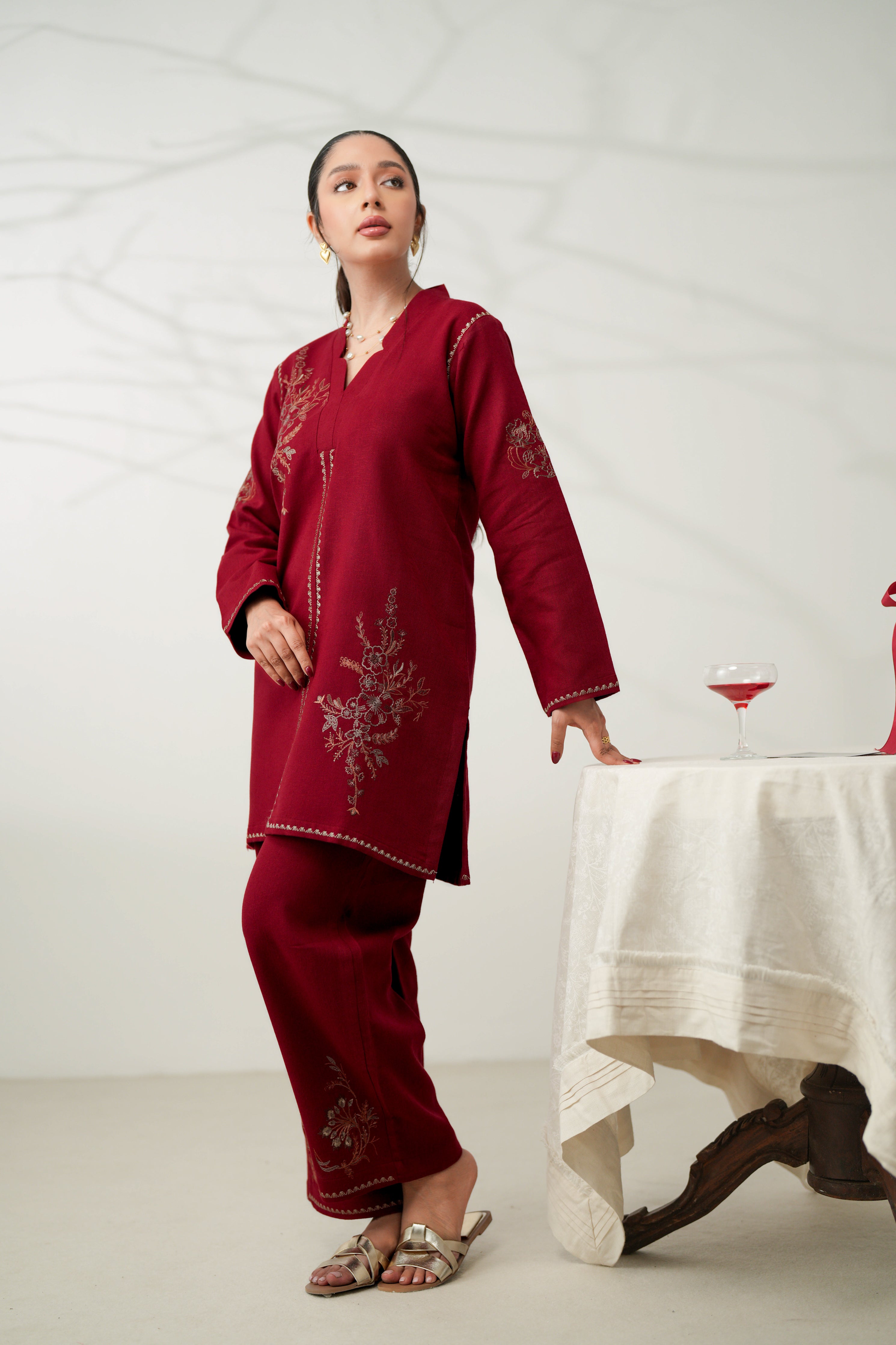 DEEP RED LUXURY EMBROIDERED FALL SET (NPA2-24315)