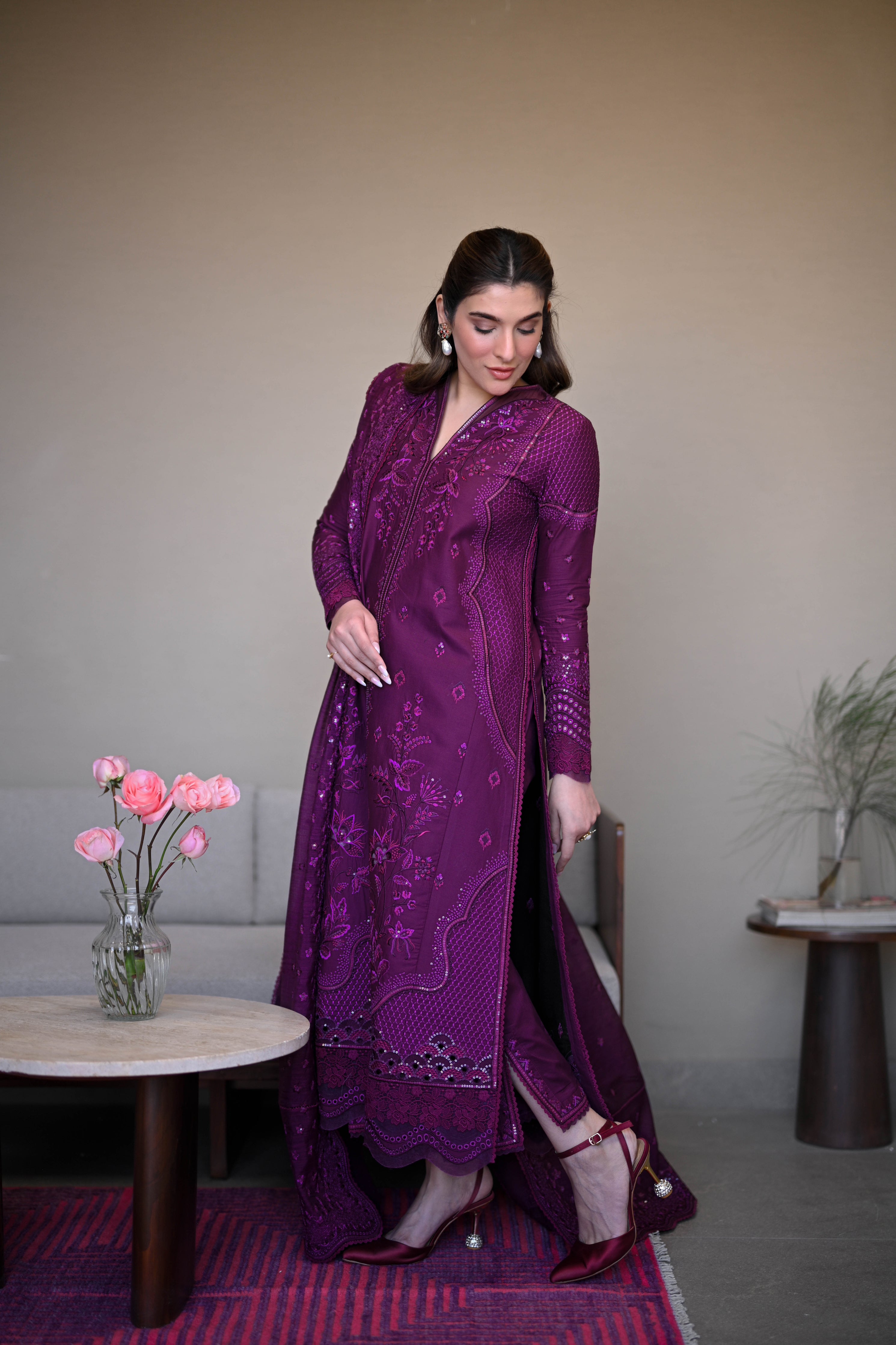 ZAINAB 3: DEEP PLUM LUXURY EMBROIDERED LAWN SET 2025 (NEL-25607)