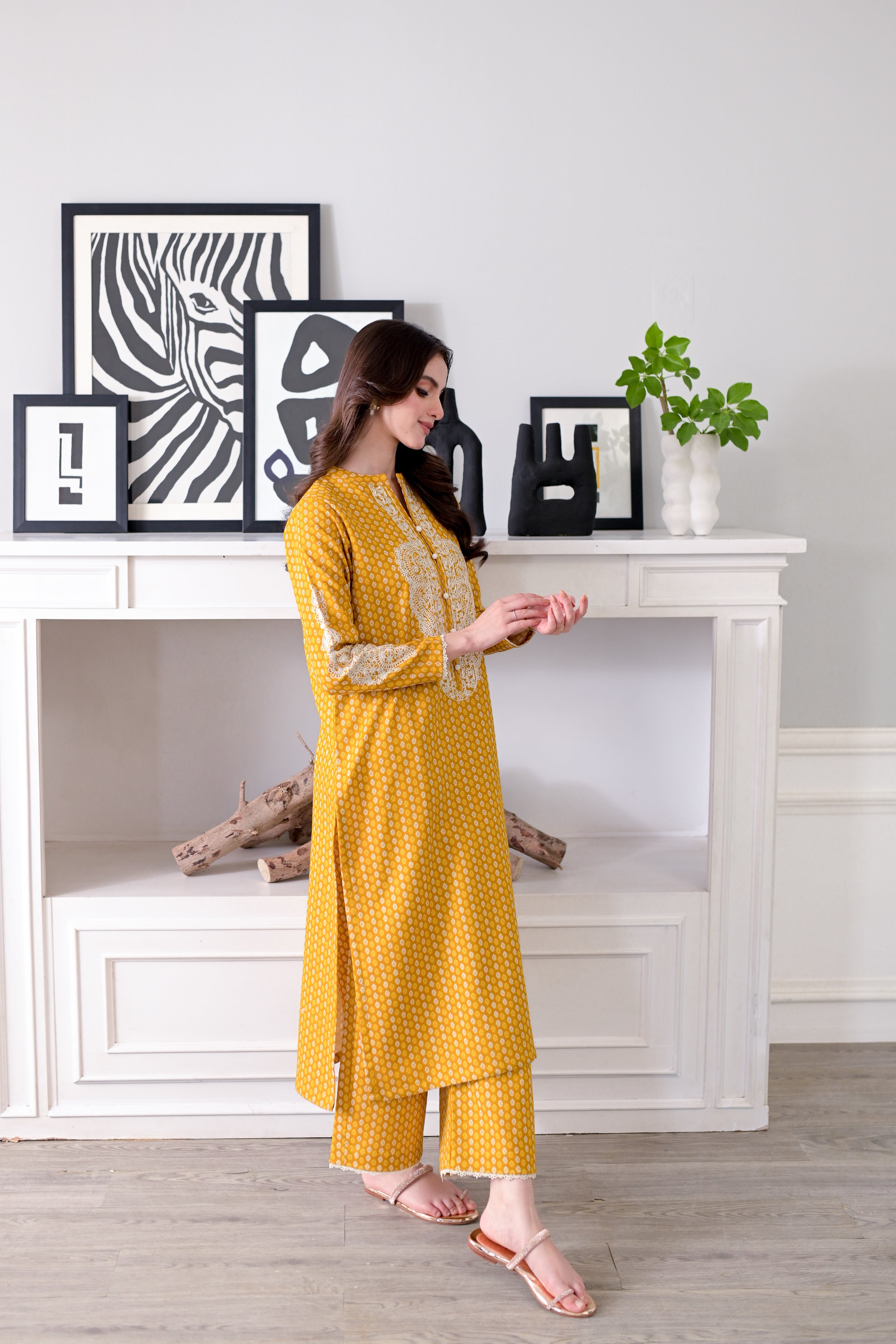 50% OFF MUSTARD EMBROIDERED FALL SET NPA2-23334