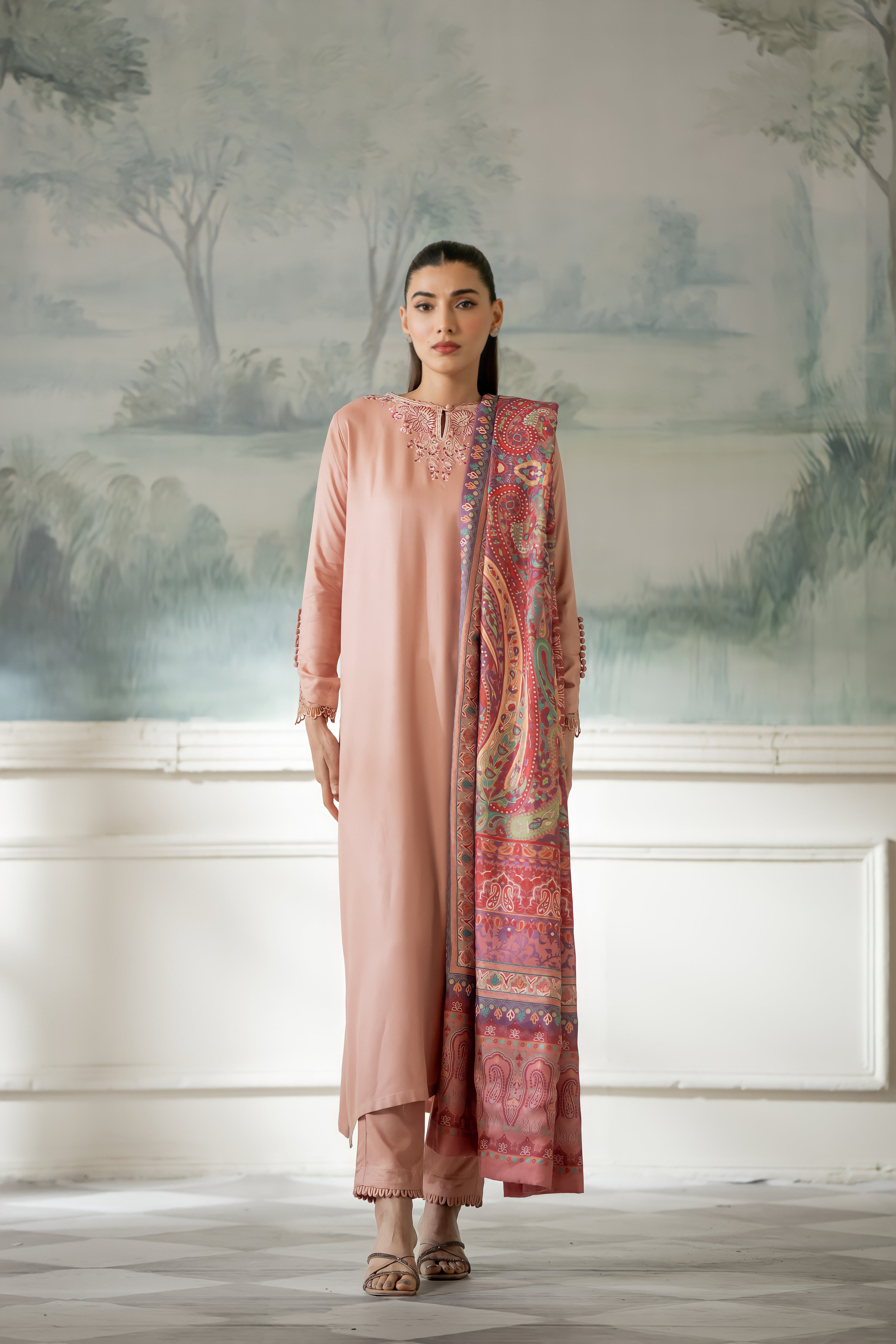 Kashmiri Pink Fall Embroidered Set NEL-23647